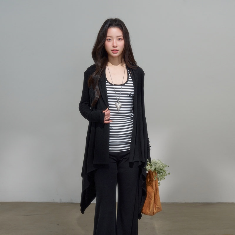 Insliisa Long Irregular Black Thin Cardigan for Women, Elegant Knitwear for Early Spring, Drapey Long Coat