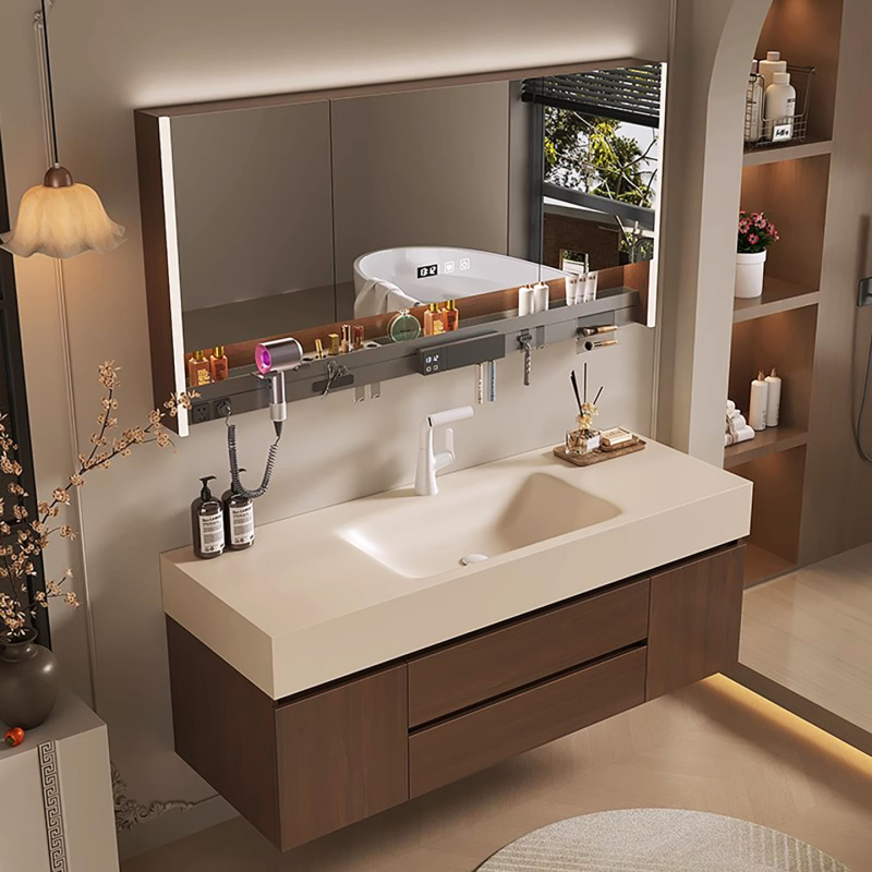 Medieval-Style Light Luxury Rock Slab Hot-Bent Integrated Walnut Bathroom Cabinet Set with Washbasin and Sink