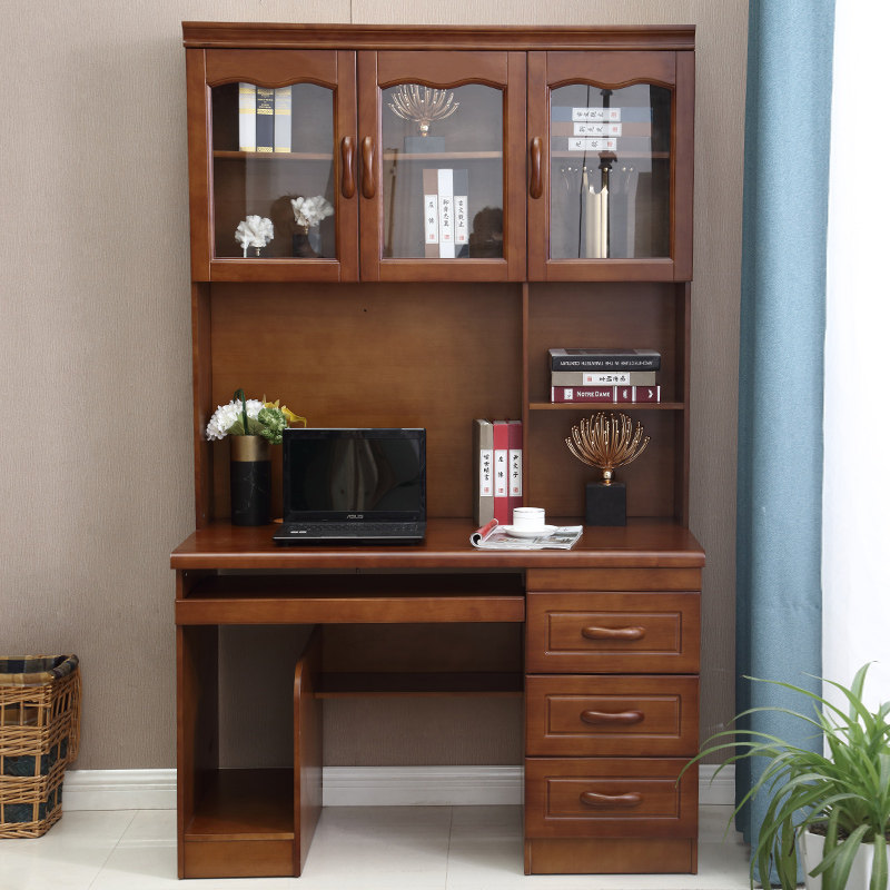 Solid wood desk 1 1 2 1 4 meters desk with bookshelf cabinet integrated combination home student writing desk computer desk