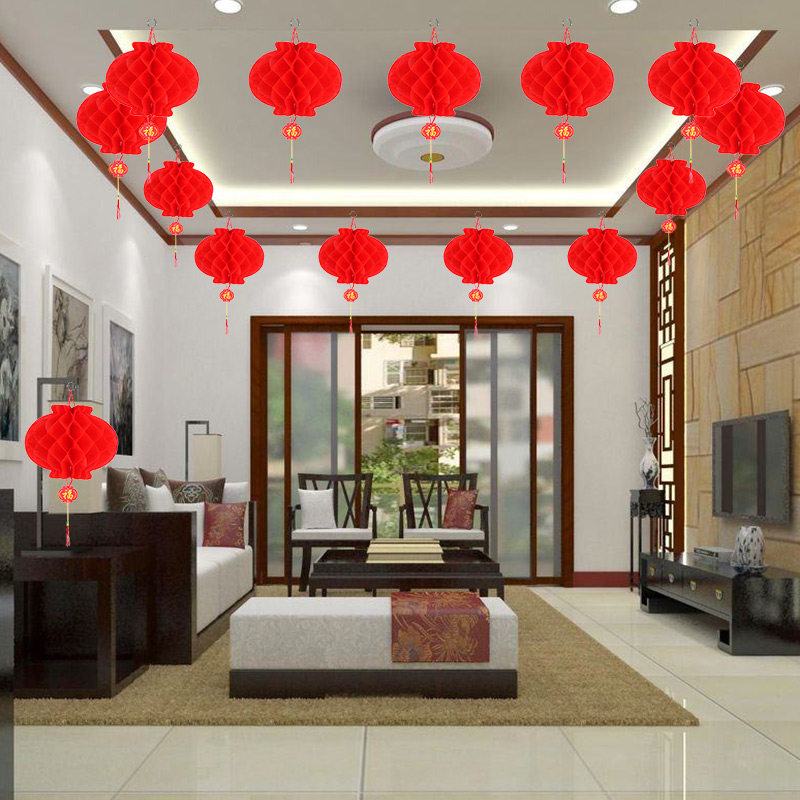 Festive small lantern wedding wedding opening celebration shopping mall decoration paper lantern hanging decoration honeycomb plastic paper lantern