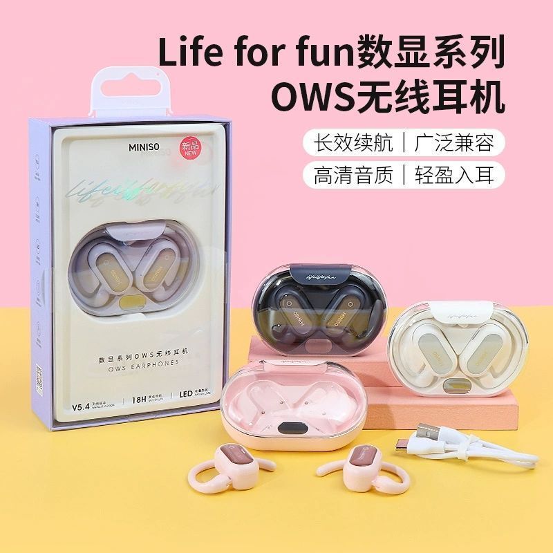 Miniso Famous Brand Small Pea Digital Display Ows Wireless Bluetooth Earphones Over-Ear Style for Boys and Girls with High Aesthetic Appeal