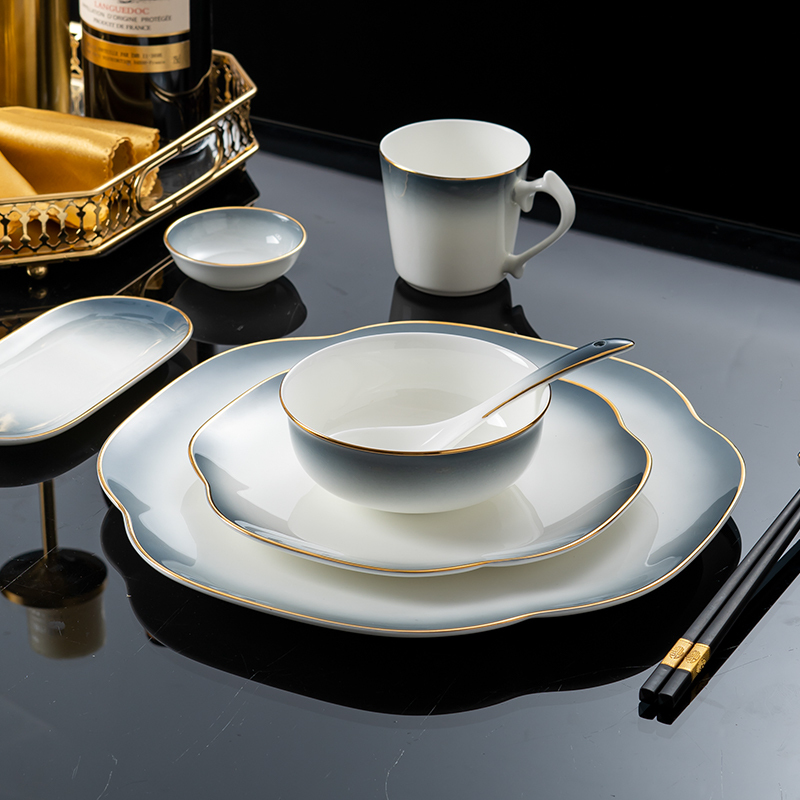 High-End Hotel Tableware, Restaurant Club Reception, Company Private Room, Gradient Gray New Chinese-Style Bone China Tableware Set