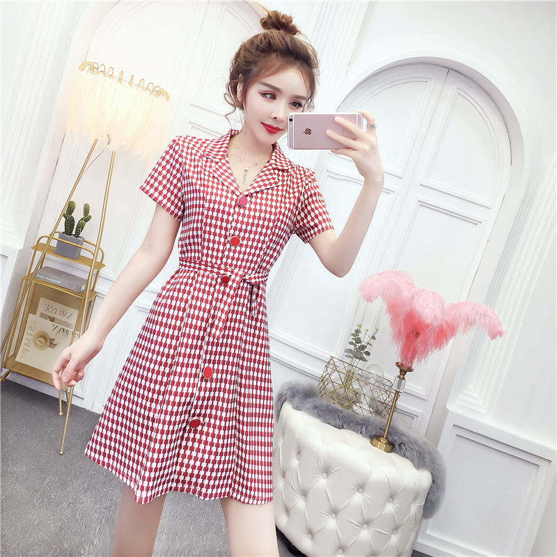 DABI 韓系翻領單排扣格紋休閒短袖洋裝 DABI 韓系翻領單排扣格紋休閒短袖洋裝