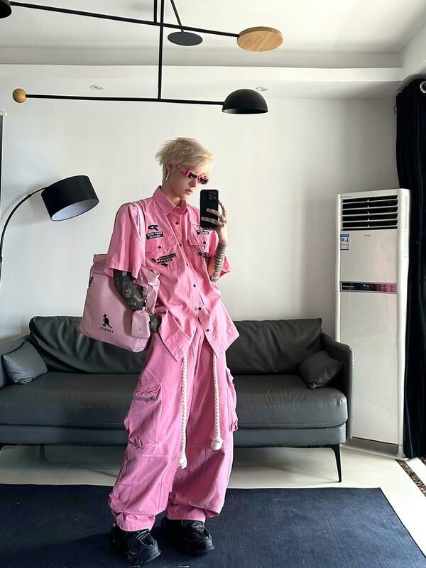 American High Street Pink Pants for Men, Summer Dopamine Outfit, Colorful Cargo Pants, Hip-Hop Drape Straight-Leg Trousers