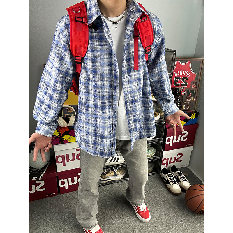 メンズのタイダイチェックシャツ、高級感があり涼しい夏のレイヤードインナージャケット、クリーンフィットチェック柄長袖シャツ