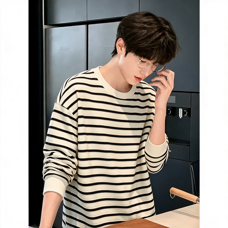 Black and White Striped Youthful Sweatshirt for Boys, Autumn and Spring Style, High-End Long-Sleeve T-Shirt, American-Style Heavy Knit Base Shirt
