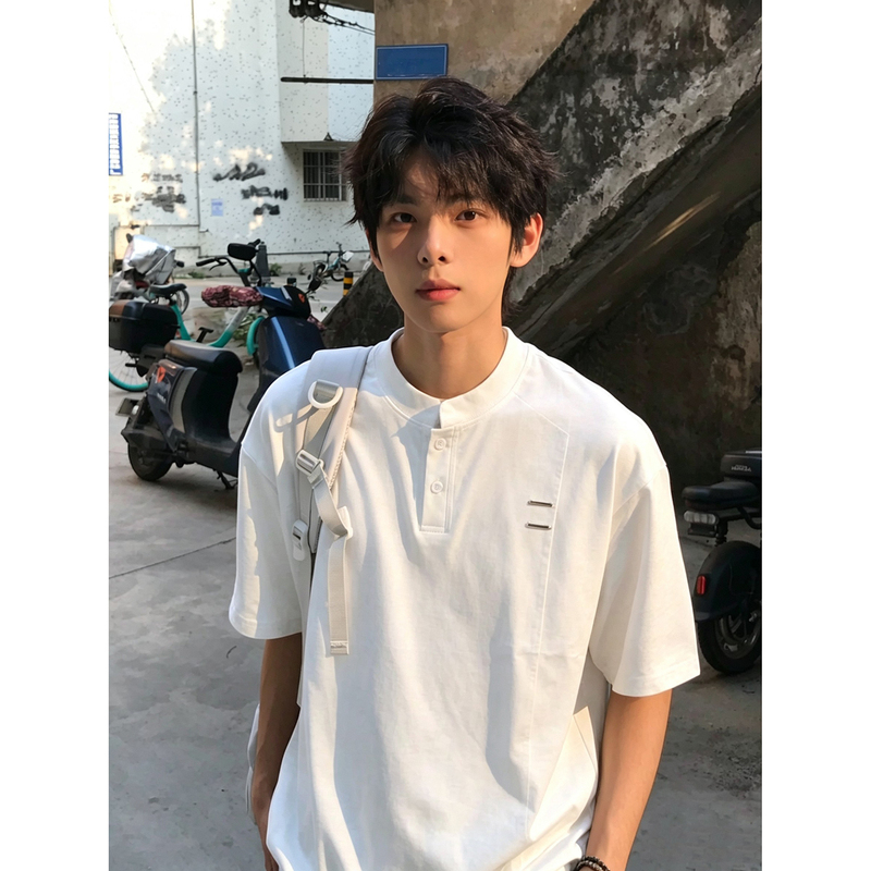 Cleanfit Henry Collar Ice Silk Short-Sleeved Boys' Youthful Quick-Drying Polo Shirt with Shoulder Pleats Design T-Shirt