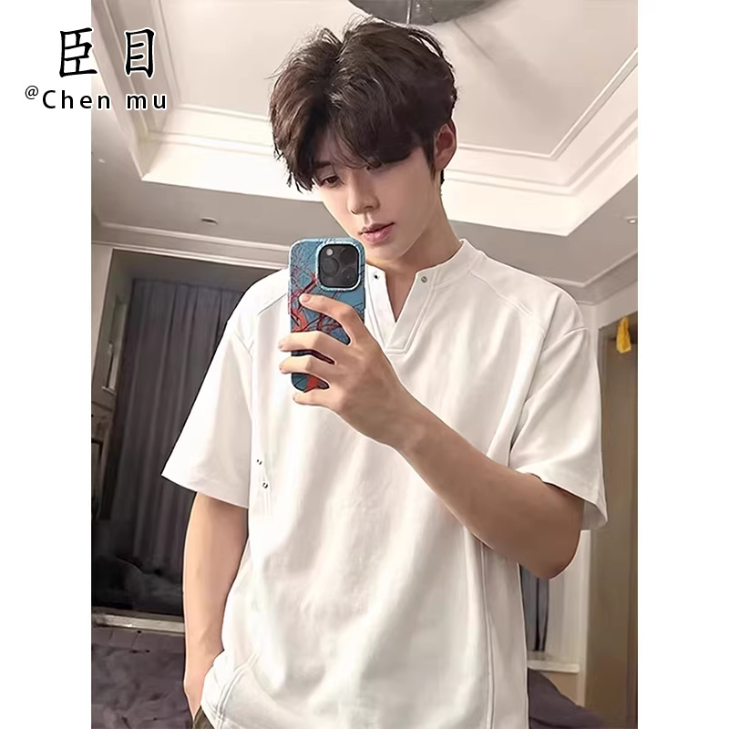 White Rivet Structure V-Neck Short-Sleeve Men's Summer American-Style Heavy-Duty Patchwork T-Shirt Cleanfit Regular Shoulder Half-Sleeve
