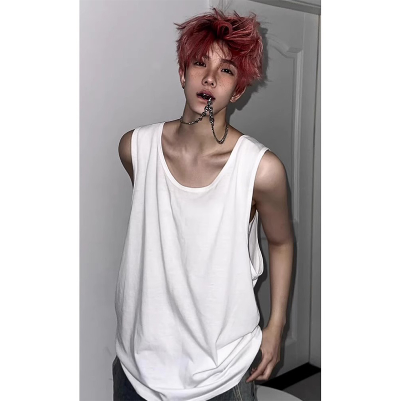 American-Style Vest for Men, Summer Pure Cotton White High-End Basketball Sports Sleeveless T-Shirt, Loose Fit Old Man's Shirt