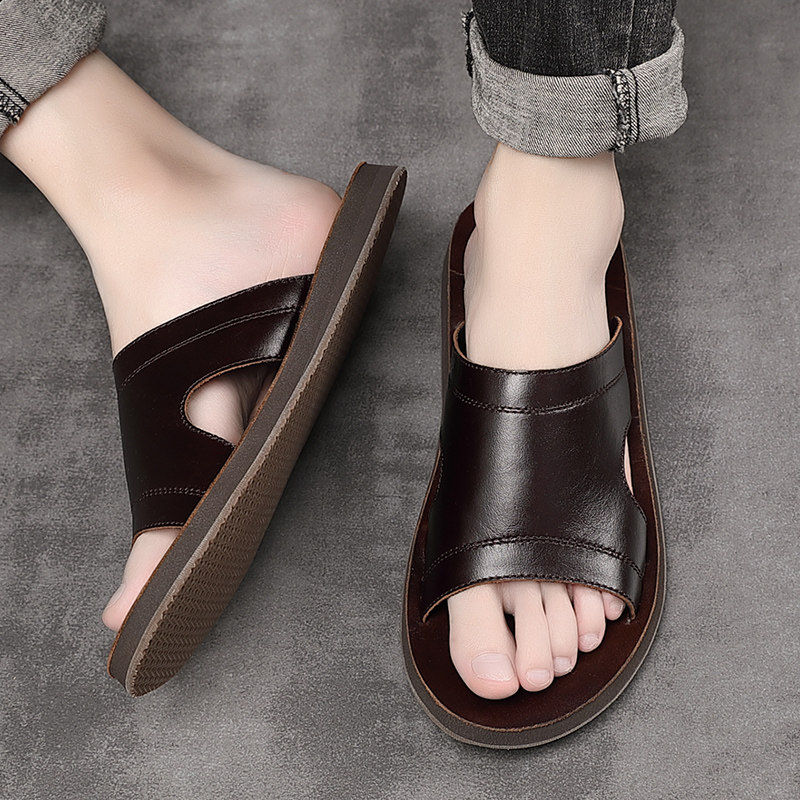 Handmade Head Layer Full Cow Leather Slippers Men's Summer Outwear Genuine Leather Cold Tug Old Soft Bottom Non-slip Line Sandals