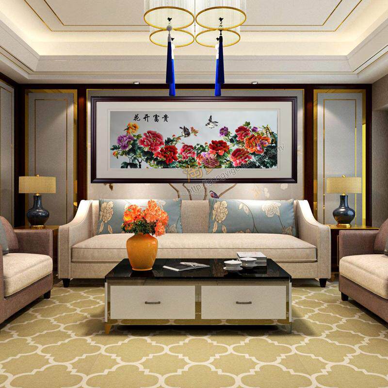 Silk Su embroidery finished living room painting Peony embroidery painting soft frame 2 meters 4 rich Ronghua flowers rich silk embroidery