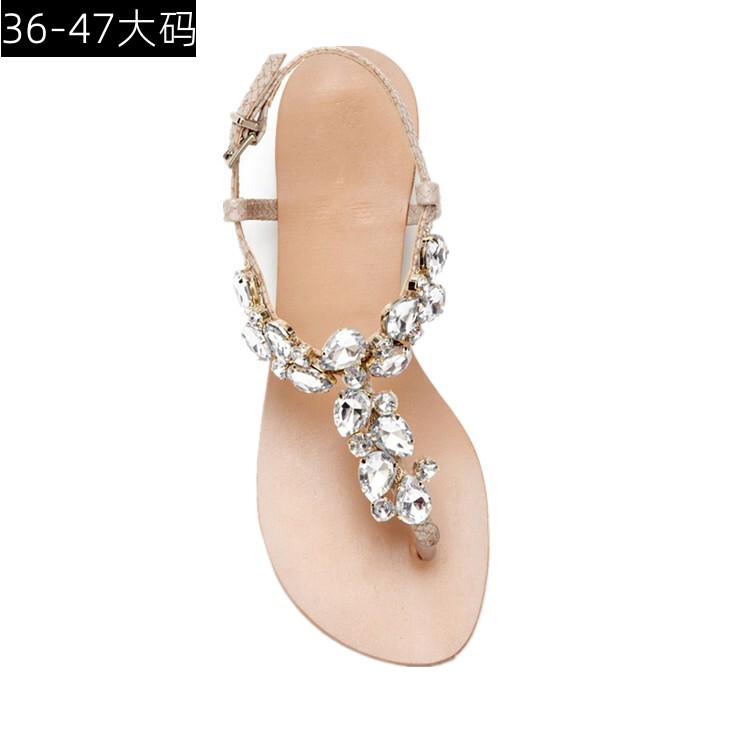 European and American Export Rhinestone Thong Flats Slippers Women's Outer Wear Fashion Sandals Large Size Rose Red Anklets Strappy Women's Shoes