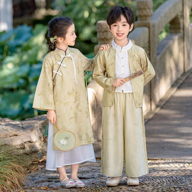 Boys' Hanfu Spring and Autumn Style High-End Chinese Style Girls' Tang Suit Set Chinese Ancient Style Daily Traditional Chinese Culture Children's Performance Costume