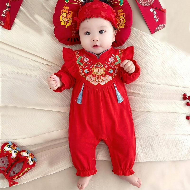 Baby Red Traditional Chinese Style Romper for Girls, Full Moon Celebration, Embroidered Romper, 100% Cotton, Carp Design, Long Sleeves Baby Red Traditional Chinese Style Romper for Girls, Full Moon Celebration, Embroidered Romper, 100% Cotton, Carp Design, Long Sleeves