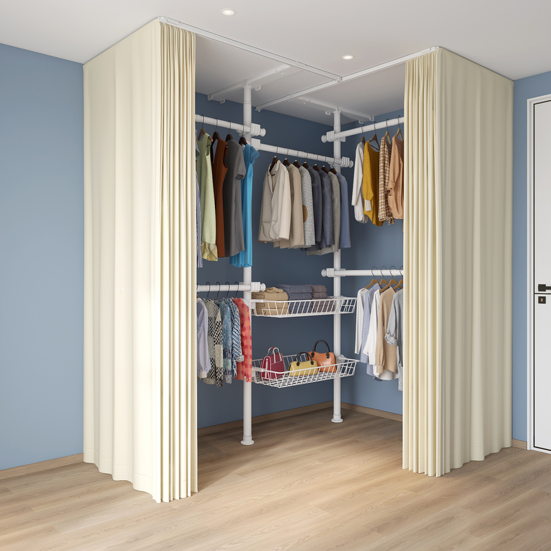 Corner Wardrobe for Home Bedroom, L-Shaped Metal Small Apartment DIY Walk-In Closet, Open-Style Simple Corner Assembly Steel Frame