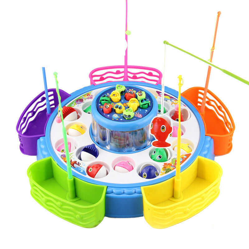 Music Swivel Bilayer Fishing Pool Magnetic Catch Fish Toy Children Electric Fishing Suit Puzzle baby 1-3 years old