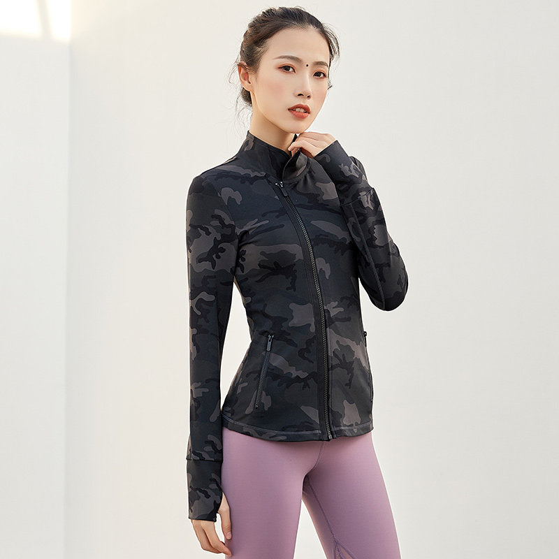 New Autumn Winter Sports Long Sleeve Female Fitness Running Speed Dry Fitness Stretch Camouflage Zipper Yoga Cover