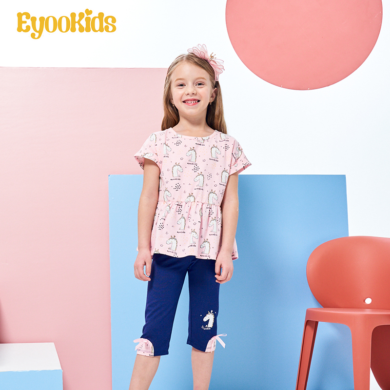 Eyookids 2020 Summer ăn mặc mới của cô gái ngắn tay áo xà cạp Hai mảnh dễ thương In