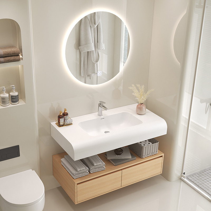 Japanese-Style Solid Wood Bathroom Cabinet Set with Integrated Basin, Natural Wood Style Washbasin, Smart Bathroom Cabinet