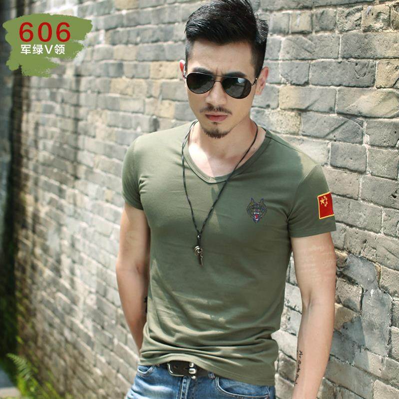  Army fan embroidery special soldier short sleeve T-shirt male pure cotton tight fit V round collar flag camouflared short sleeve male blouse