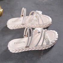 Hot Air Sandals Women Flat Bottom Shoes Fairy Wind 2022 New Summer College Students Water Drill Pearl two wear Rome cool