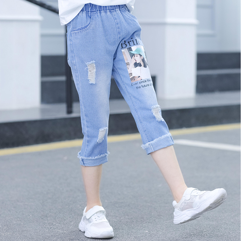 Cô gái mùa hè bên ngoài mỏng mặc denim bảy điểm quần trẻ em mùa xuân và mùa thu Hàn Quốc phiên bản của khí quyển nước ngoài tại quần âu lỏng con cái lớn của.