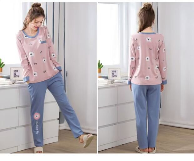 Bộ đồ ngủ nữ mùa xuân và mùa thu dài tay hai mảnh [35 cotton] Phiên bản Hàn Quốc của dịch vụ nhà mùa đông thời trang cỡ lớn cho sinh viên đồ bộ nam mặc nhà