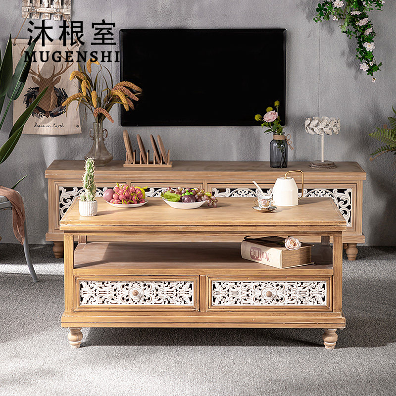 American retro tea table TV cabinet combined living room solid wood doing old carved rectangular household small household type containing
