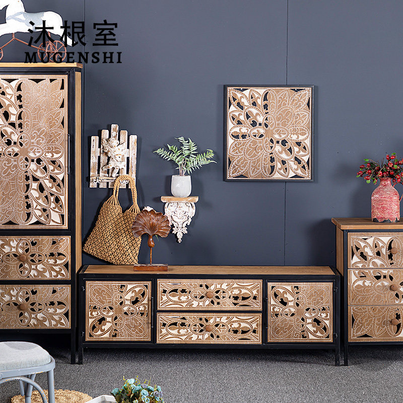 American pastoral TV cabinet small apartment living room solid wood carving decoration home bedroom homestay retro side cabinet combination