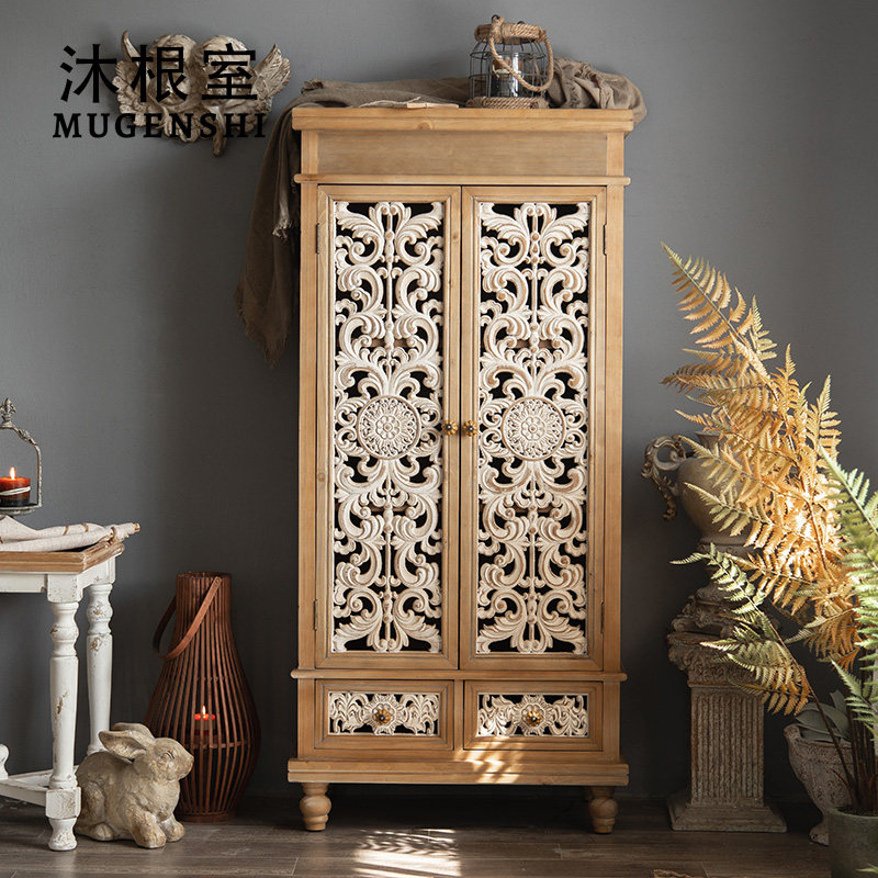 American-style solid wood carved storage cabinet high cabinet living room against the wall small apartment home retro old dining room decorative side cabinet