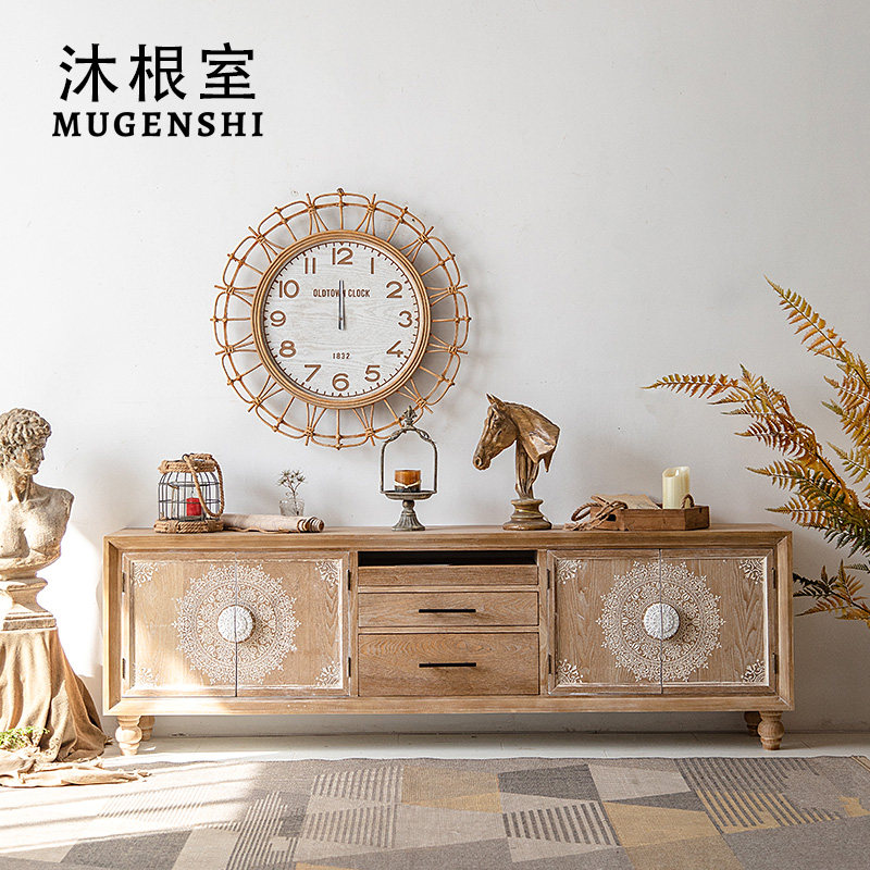 American country TV cabinet solid wood retro carved small apartment living room home decoration creative homestay storage cabinet