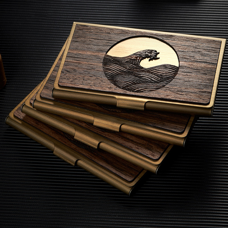 Custom lettering creative wooden business card box Stainless steel high-grade business metal business card holder Portable men's and women's card bag