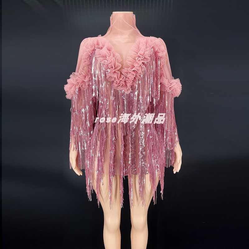 Novance Pink Glitter Sequin Tassel Sexy Dress Mini Club Dress Birthday Party