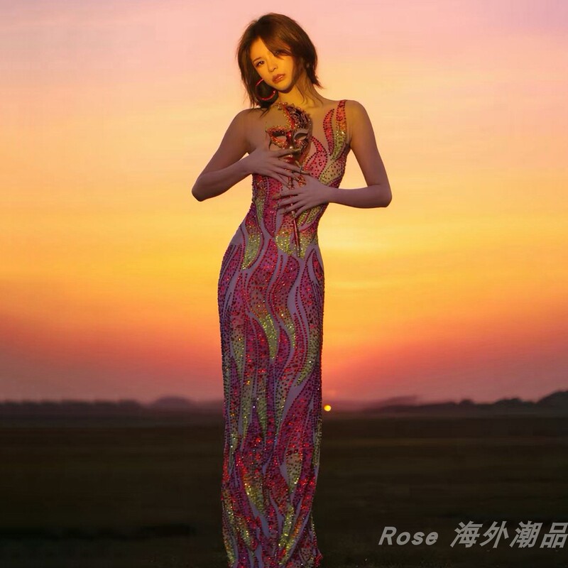 Original Niche Fire Phoenix Gradient Pattern Shimmering Dress for Performances, Hosting, Photoshoots, Cocktail Parties, and Evening Events
