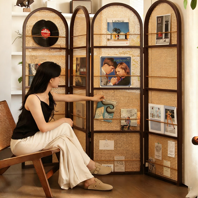 Chinese-Style Retro Solid Wood Rattan Screen Partition for Living Room 2025 New Model Movable Storage Bookshelf Simple Entryway Divider