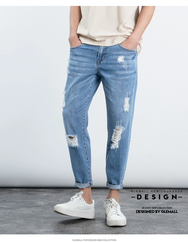 GleMall Tide thương hiệu quần jean nam mùa xuân và mùa hè Quần nam mới thiết kế lỗ mùa hè quần jeans chín điểm - Quần jean quần sooc