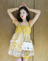 MAJE 2020 Summer Gulena Za star with yellow mesh hanging dress shorts suit
