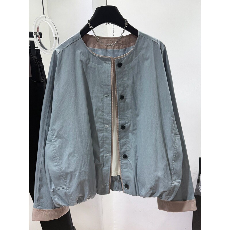 2026 Spring Retro Round Neck Color-Block Short Jacket for Women, Loose Fit, Slimming, Versatile, Petite Jacket, Long Sleeve Top
