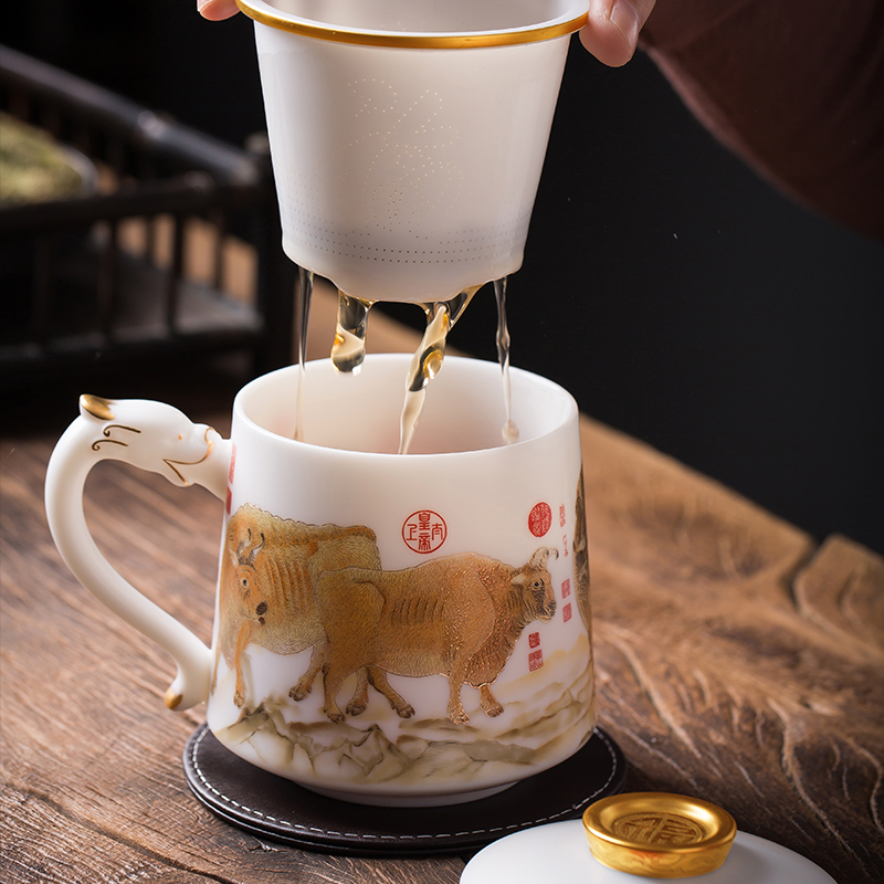 Artisan fairy cattle turned things around office separation of dehua white porcelain cup individual cup tea cup year of the ox gift customization