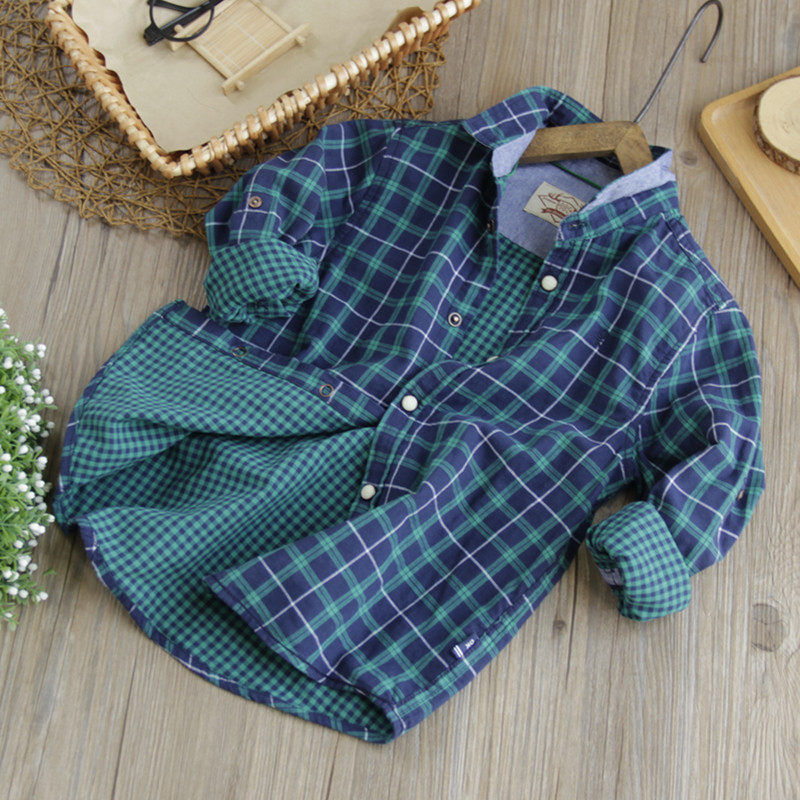 Boys plaid shirt middle-aged and older children's casual shirt pure cotton double-layer cotton yarn soft children's lapel long-sleeved shirt trendy