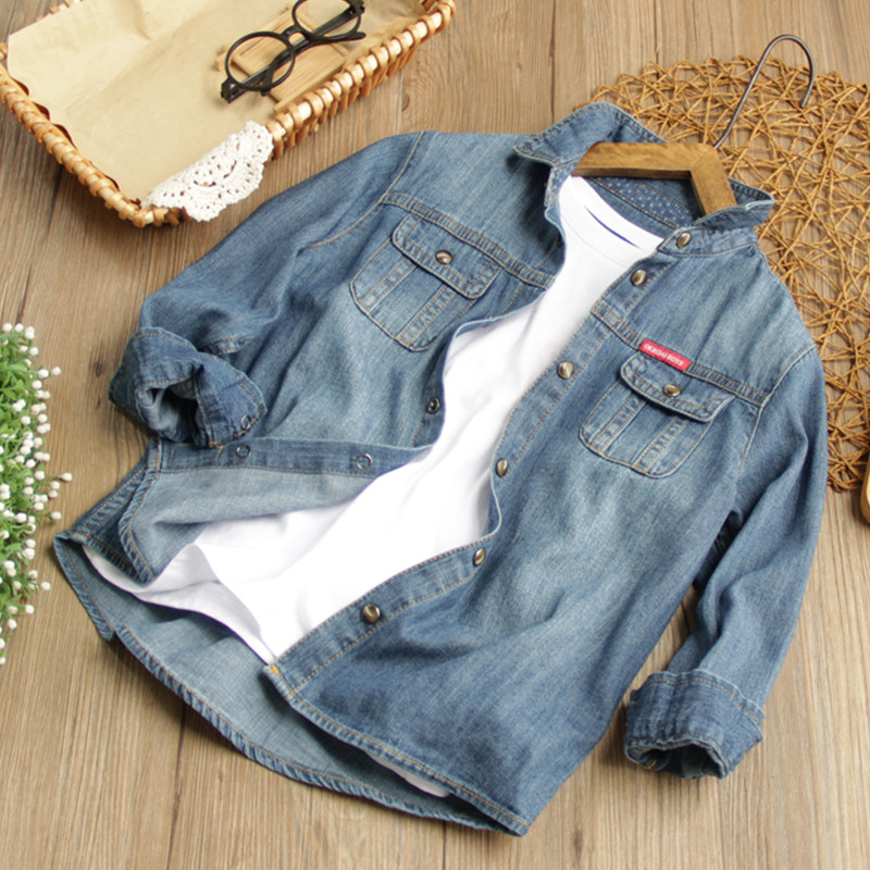 Children's Pure Cotton Denim Long Sleeve Shirt Washed Cotton Boy Turned Collar Shirt Foreign Pie Baby Blouses Handsome Boy Clothing Tide