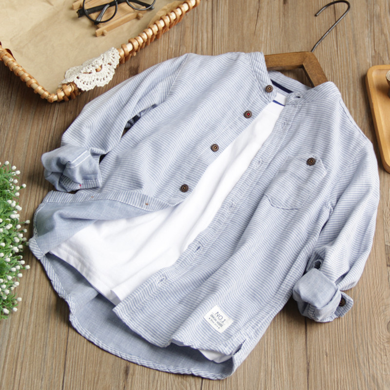 Children's foreign casual shirts Long sleeves small upright collar striped shirt pure cotton cotton yarn New boy 100 hitch blouses