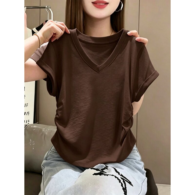 Korean Design V-Neck Pure Cotton Short-Sleeve T-Shirt for Women, Fashionable and Versatile, Waist-Cinching, Slim-Fit, Slimming Top for Summer Korean Design V-Neck Pure Cotton Short-Sleeve T-Shirt for Women, Fashionable and Versatile, Waist-Cinching, Slim-Fit, Slimming Top for Summer