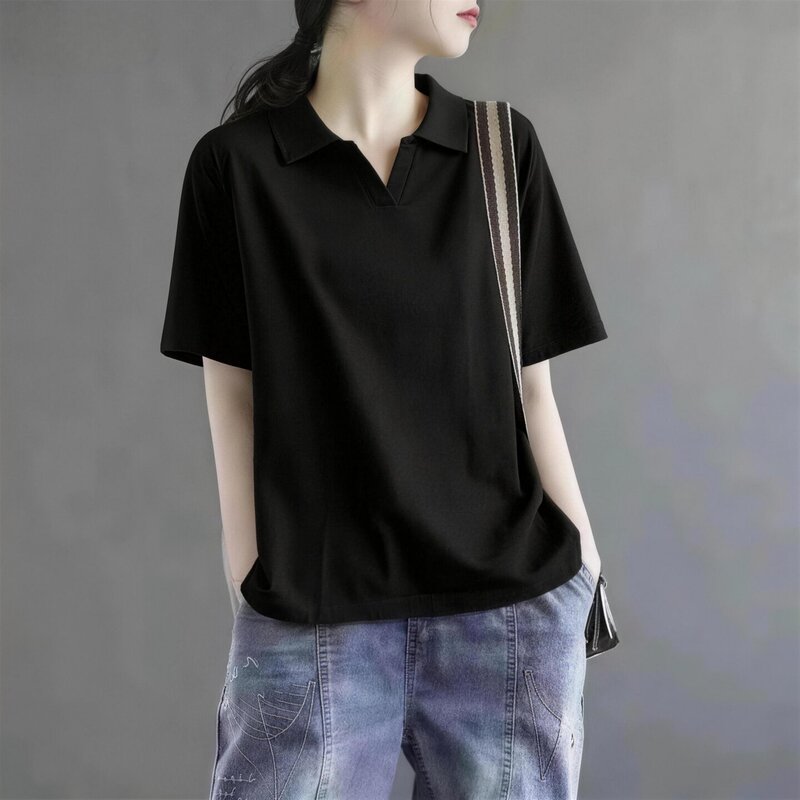Korean Black Polo Collar Short-Sleeved T-Shirt for Women 2026 New Summer Style Loose and Versatile Slimming Super Hot Age-Reducing Top Korean Black Polo Collar Short-Sleeved T-Shirt for Women 2026 New Summer Style Loose and Versatile Slimming Super Hot Age-Reducing Top