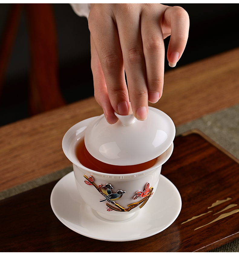 Suet jade tureen single dehua white porcelain high - end checking cloisonne kung fu tea large hot cup home