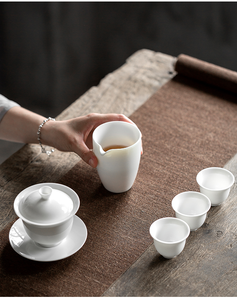 Babson d dehua white porcelain tureen suet jade ceramic cups footed three bowls of kung fu tea home