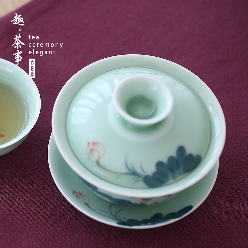 Babson celadon tureen ceramic cups hand - made lotus three bowl of kung fu tea set a single large tea bowl