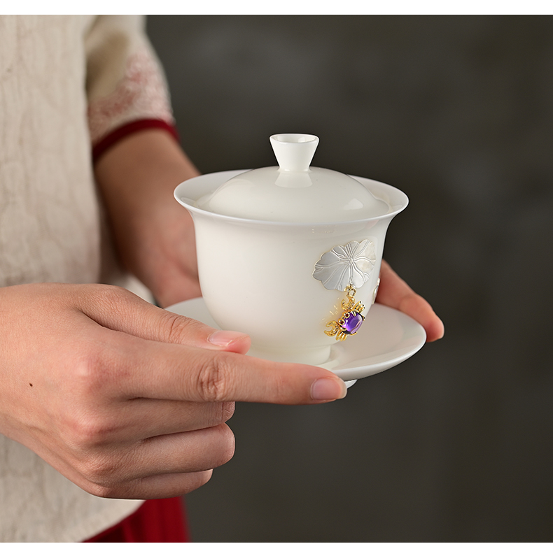 Suet jade tureen single dehua white porcelain high - end checking cloisonne kung fu tea large hot cup home