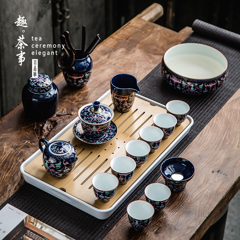 The whole household jingdezhen cloisonne grilled ceramic kung fu tea set gold colored enamel teapot teacup tea tray