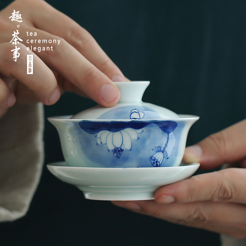 Dehua white porcelain only three tureen large cups tea bowl of kung fu tea set a single ceramic hand - made lotus tea bowl